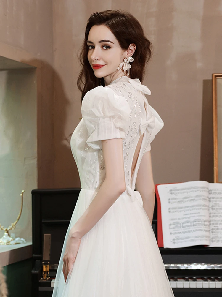 Elegant White Bridal Toasting Dress Stand Collar Puff Sleeve A-Line Long Party Gown Hollow Out Backless Wedding Evening Dress