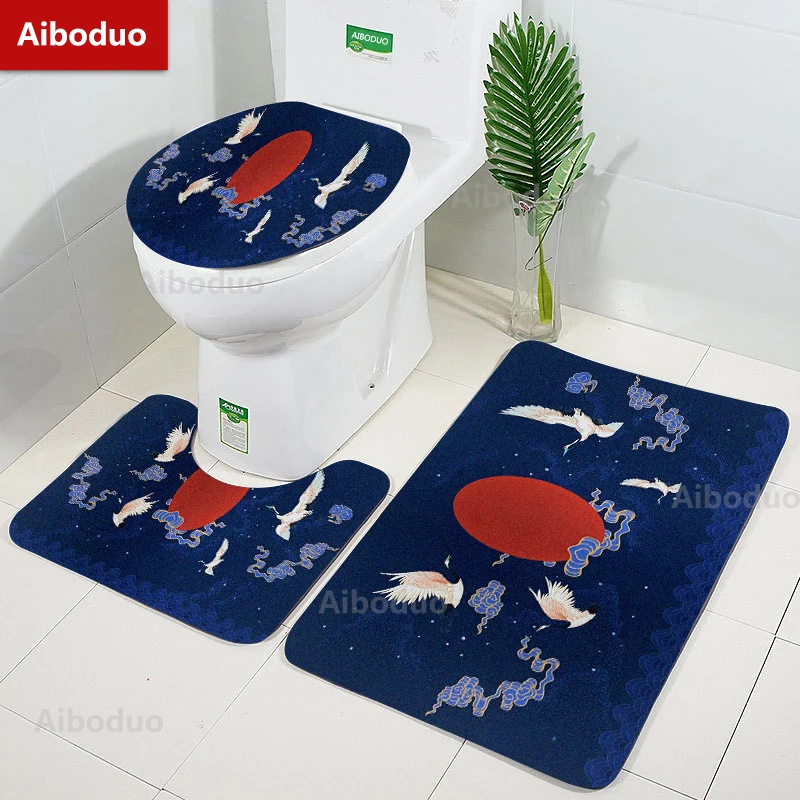 

Aiboduo Drop Shipping Chinese Style 3pcs/set Toilet Lid Cover Set Carpet NonSlip Crane Bird Home Decoration Restroom Rug BathMat