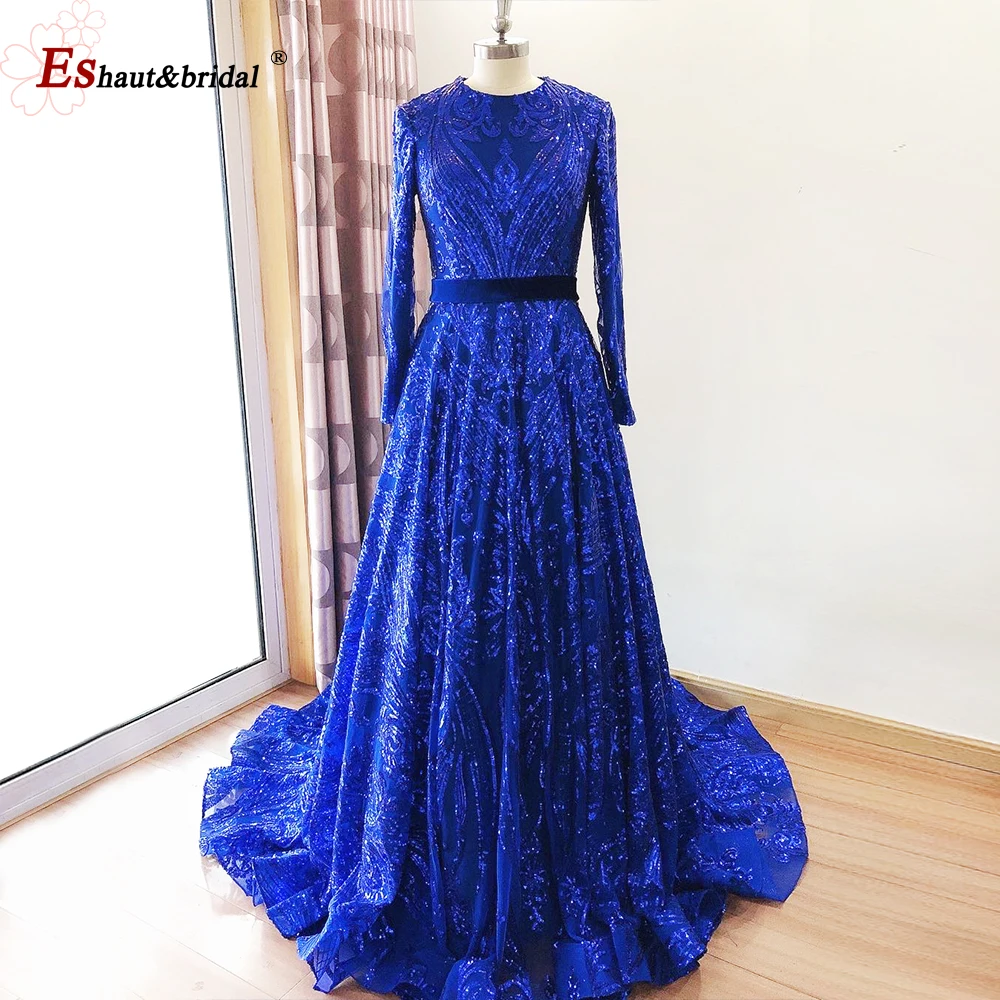 Elegant A-Line Evening Night Dress for Women Muslim 2023 Vintage O Neck Long Sleeves Sequins Formal Prom Wedding Party Gowns