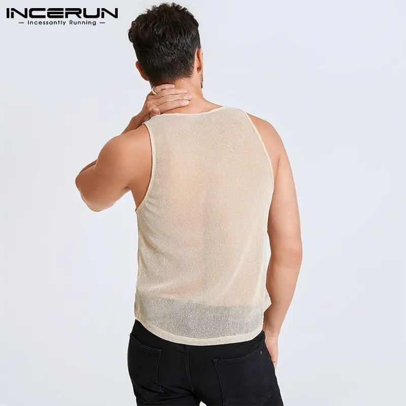 2023 Summer Tank Tops INCERUN Men Sleeveless Mesh Thin Tops Round Neck See Through Vests Man Fashion Pocket Vests Streetwear 5XL