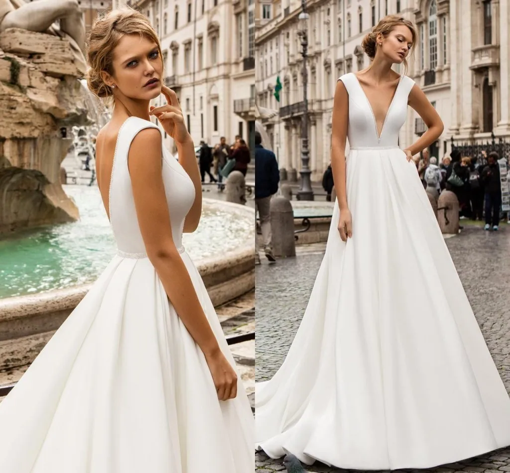 

2025 Sexy V-Neck A-Line Wedding Dresses Beading Custom Made Long Bridal Gowns Backless Spring Robe De Mariage Cusztomized