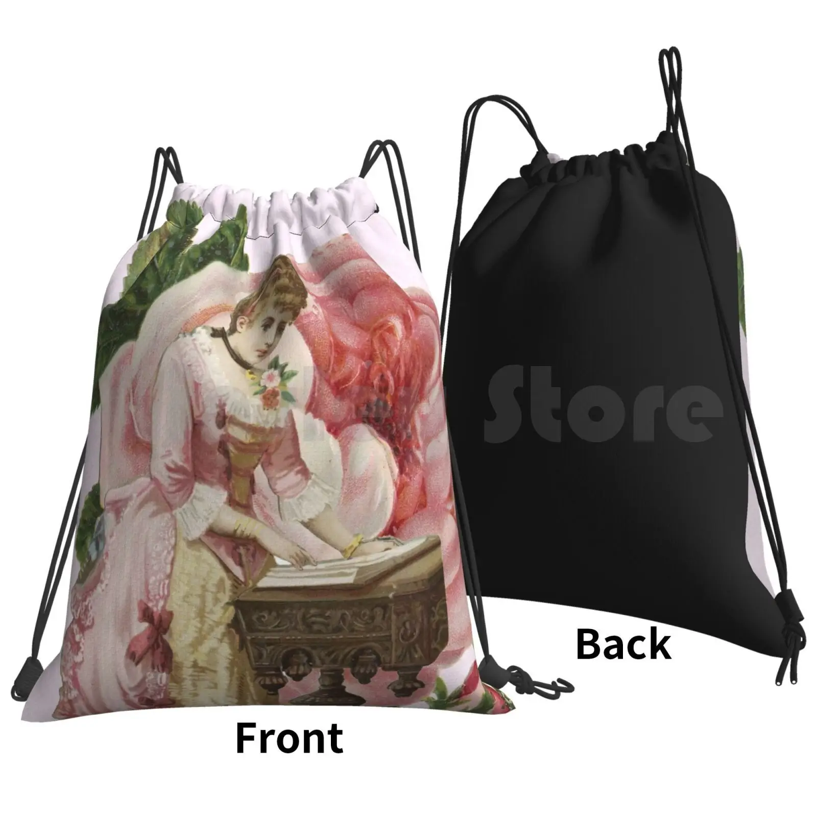 Lady Woman Pink Dress Rose Backpack Drawstring Bags Gym Bag Waterproof Lady Womens Pink Rose Vintage