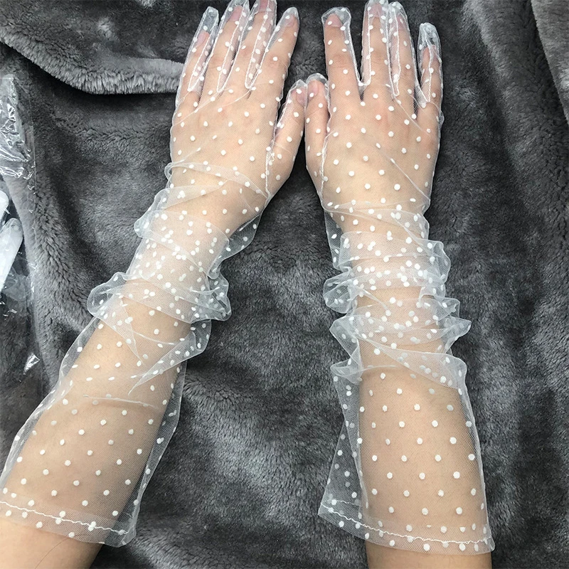 

1 Pair Lace Mesh Spots Full Finger Gloves Long Tulle Stretchy Anti-UV Mittens White /Black Dot Wedding Party Gloves 2021 New