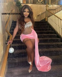 Lace Up Pink Velvet Prom Dress Black Girls Homecoming Dresses Mini Cocktail Gowns With Train Mermaid Birthday Party Customized