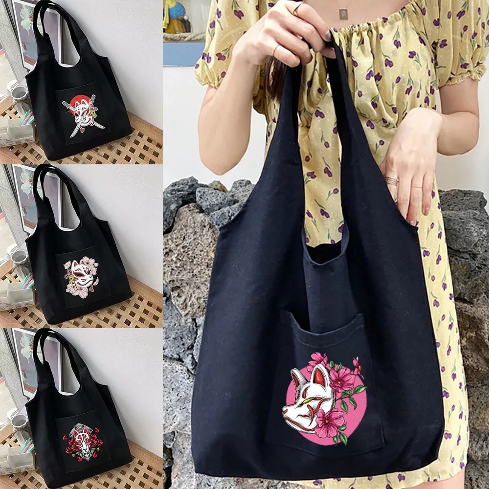 

Women's Shopping Bags Canvas Commuter Shopper Vest Bag Cotton Cloth Mask Series Wild Bolsas Grocery Black Eco Handbags Tote Bag