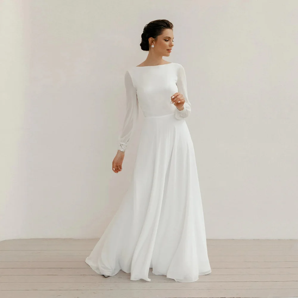 

White Chiffon Floor Length Wedding Dress For Bride Boat Neck With Long Sleeves Customized Sweep Train Lace Backless Vestidos