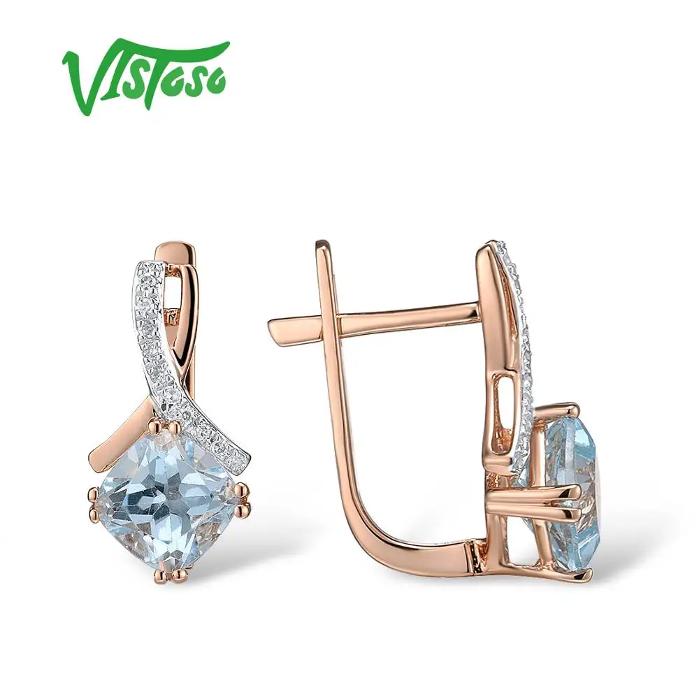 VISTOSO Gold Earring For Women Genuine 14K 585 Rose Gold Radiant Garnet Sparkling Diamond Earring Engagement  Wedding Jewelry
