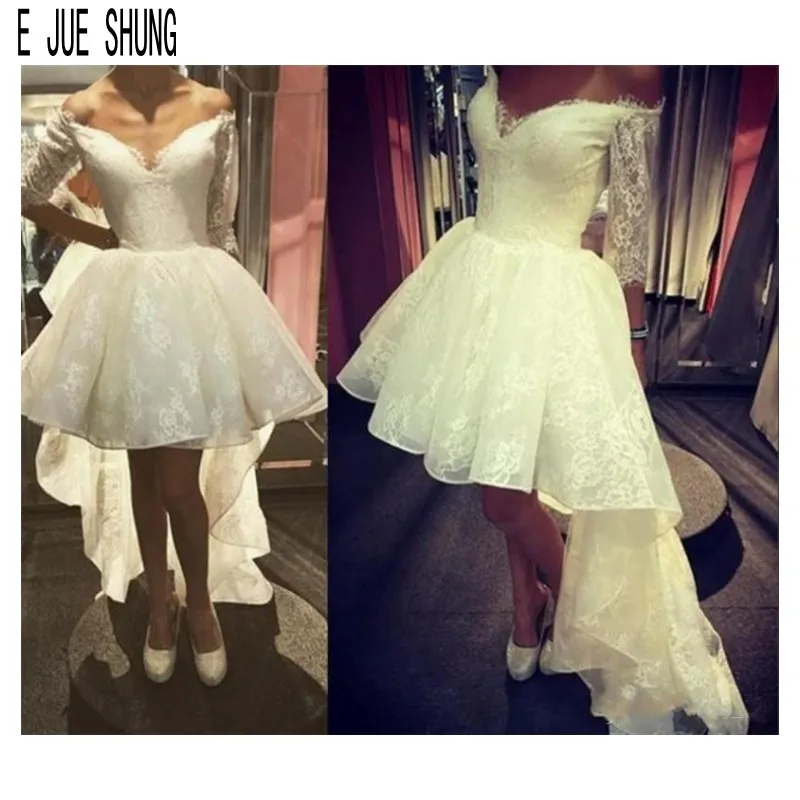 

E JUE SHUNG Elegant High Low Wedding Dresses V Neck Half Sleeves Lace Up Back Organza Bridal Gowns Vestios De Novia Wedding Gown