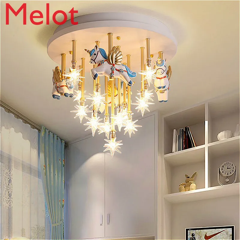 

High-End Children's Room Pegasus Chandelier Bedroom Eye Protection Cartoon Unicorn European Modern Room Princess Lamp