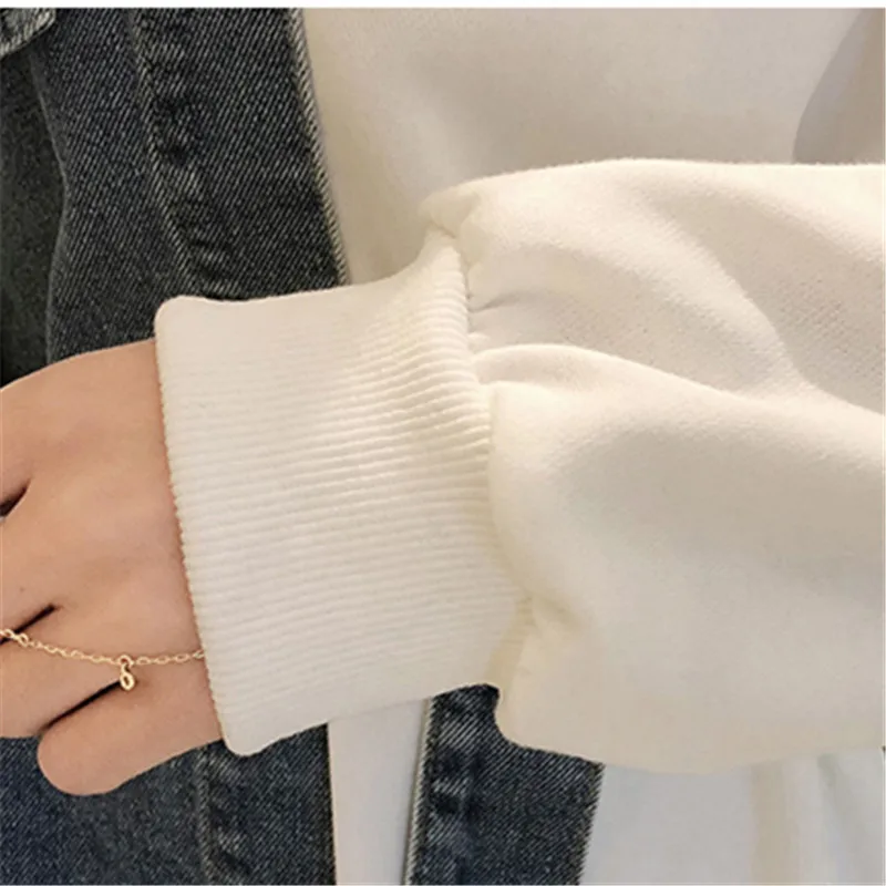 Black Denim Splice Sweatshirt Women Hoodies Belt Fashion Print O-Neck Pullover Female Loose Tops Autumn Casual Sweatshirts