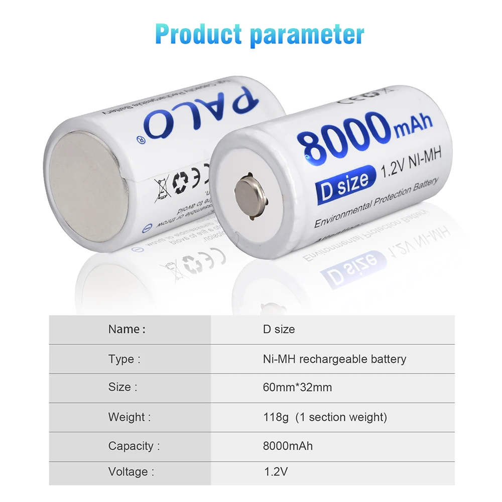 PALO D 사이즈 충전식 배터리, D형 배터리, R20 충전식 배터리, 충전기, 8000mAh, 1.2V NI-MH