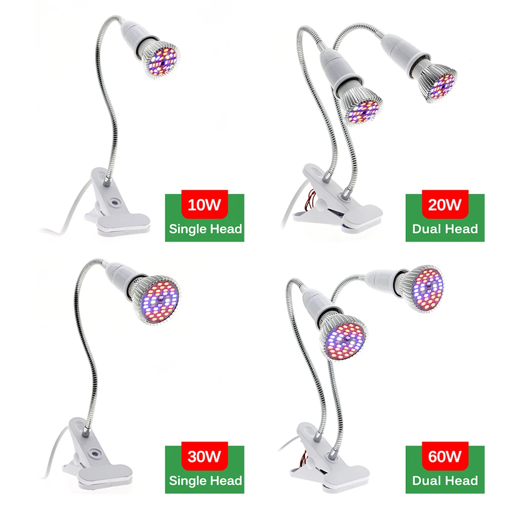 Doble cabezal E27 Led Luz de cultivo con soporte Flexible para lámpara Clip espectro completo luz LED para cultivo de plantas fitoamplificador para