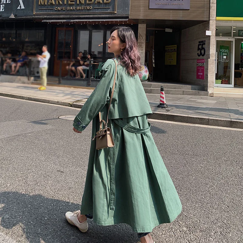 

2023 Green orange Autumn Winter Casual cloak Long Belted knee Trench Fashion women coats Batwing windbreaker