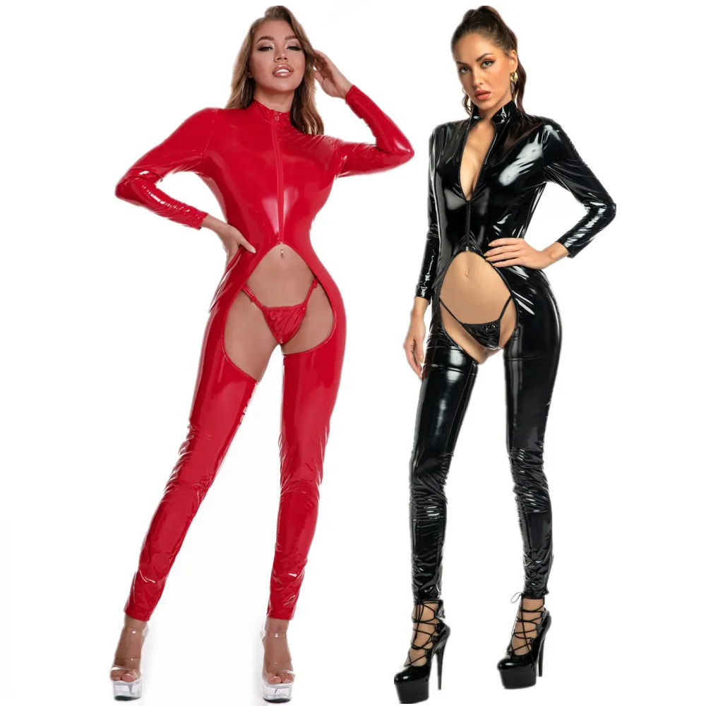 

Sexy Lady Hollow Out Faux Leather Catsuits Open Crotch Wet Look Latex Lingerie Bodysuit Clubwear Overalls Erotic Jumpsuit