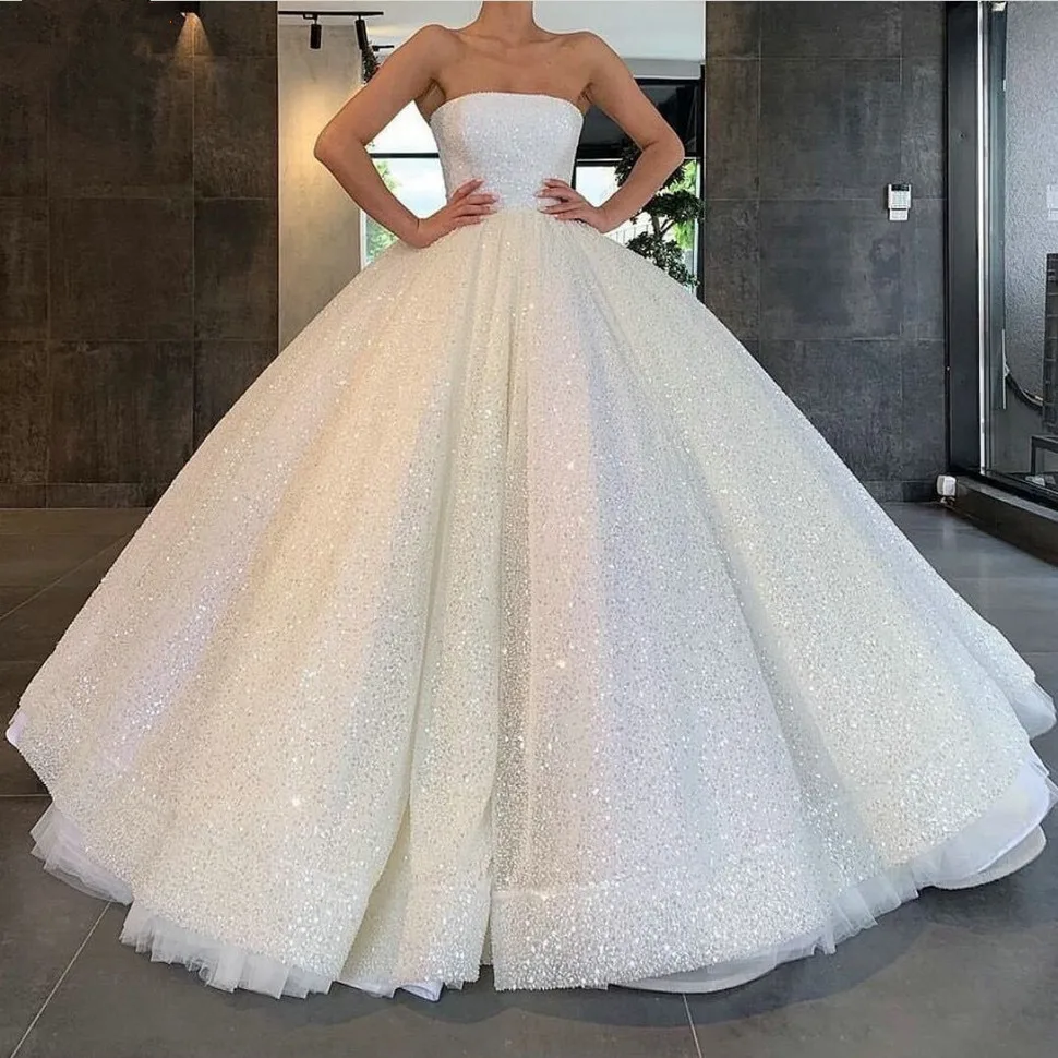 

Simple Strapless Shiny Wedding Ball Gown Sequins Tulle Bridal Dresses Floor Length Lace Up Custom Made For Woman Robe De Mariée