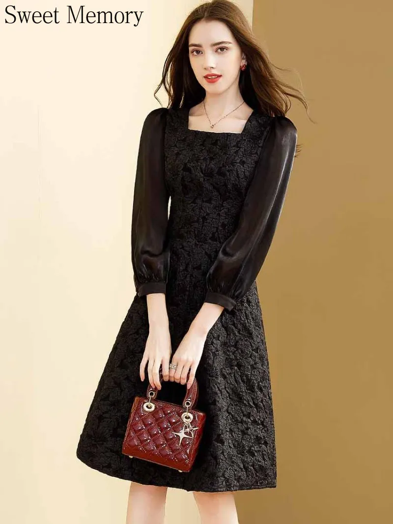 N1180 Sweet Memory Black Jacquard Cocktail Dress 2022 Spring Autumn Winter Girl Square Collar Vintage Prom Dresses