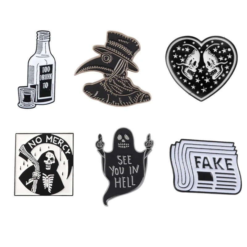 Plague Doctor Grim Reaper Hell ghost pin Punk skull heart enamel pin brooch Wine newspaper pass the time Lapel pin badge jewelry