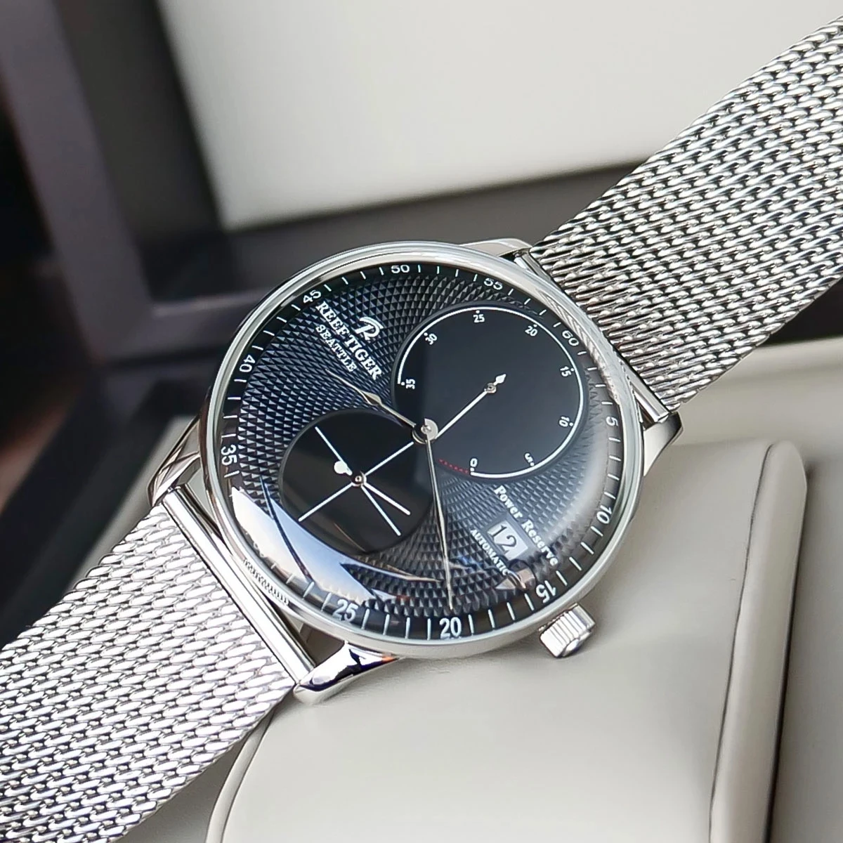 Reef Tiger/RT New Fashion Business Men Watches Waterproof Stainless Steel Mesh Steel Band Date Power Reservce Mechanical Watches