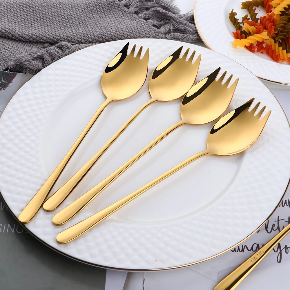 6pc/set Gold Cutlery set stainless steel fork Spork dinner Spoon forks tableware 2 in 1 Metal kitchen noodle steak serving tools