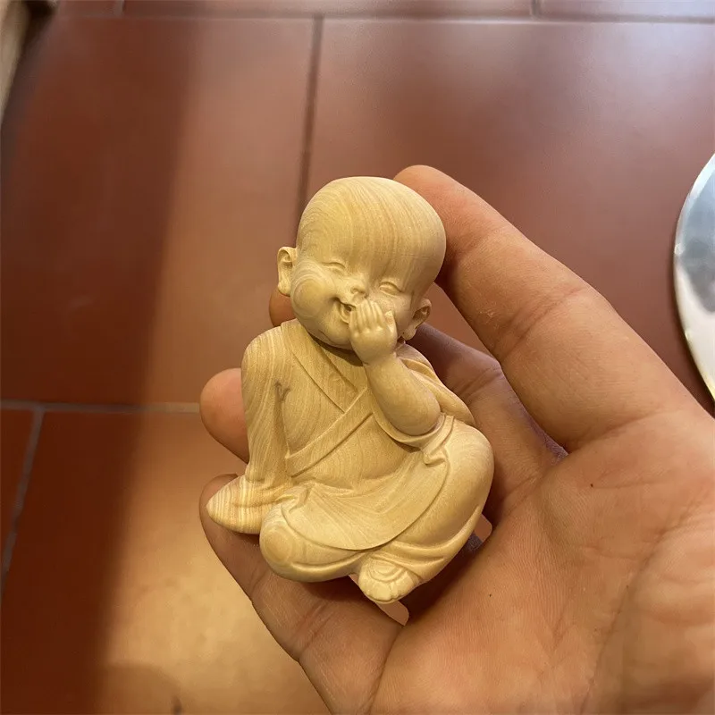 

5*4*7cm Boxwood Fengshui Three Little Cute Monk Auspicious Hand Carving Living Room Home Putting Decorate Craft