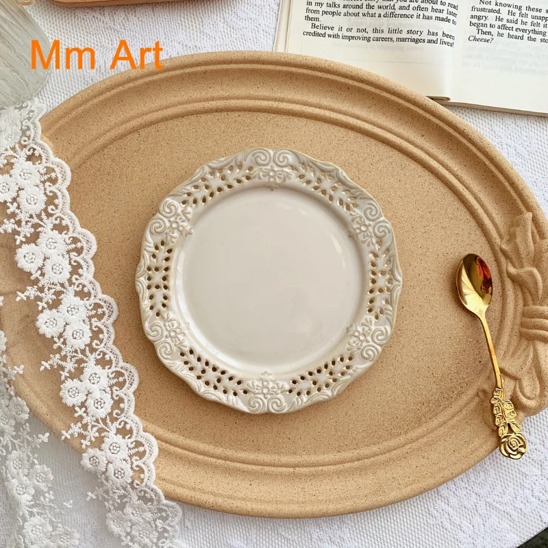 Retro Style Brushed Old Hollow Relief Ceramic Plate Dessert Plate Dish