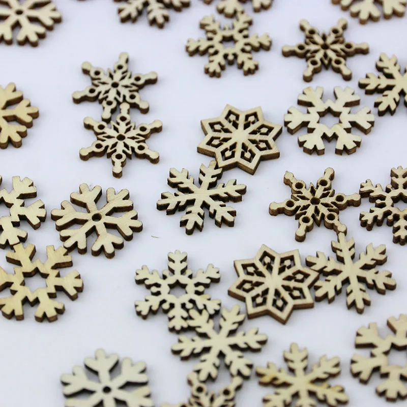 (100pcs) Wooden Shape Snowflakes Mix Christmas Ornaments Pendants New Year Decorations for Home