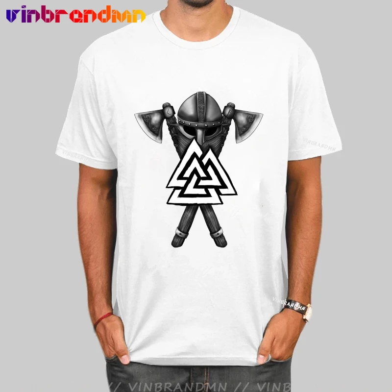 Summer Viking Warrior tee Shirt Classic Viking helmet and axes hand drawn Valknut T Shirt for men Cotton Round Neck men Clothing