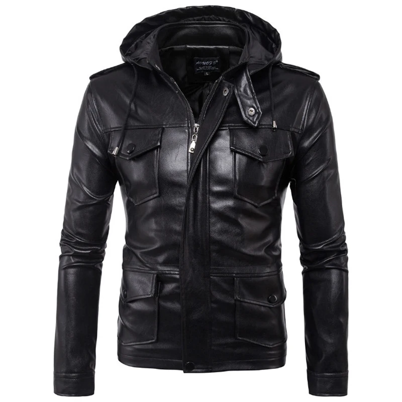 

Nice New Europe and America Men's hooded motorcycle leather jacket Autumn Multi-pocket Black PU leather jacket coat Big Size 5XL