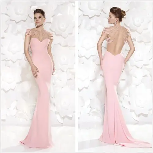 2023 Glamorous Sheer Crew Pink Evening Pleat Rhinestones Mermaid Sexy Beads Backless Formal gown mother of the bride dresses