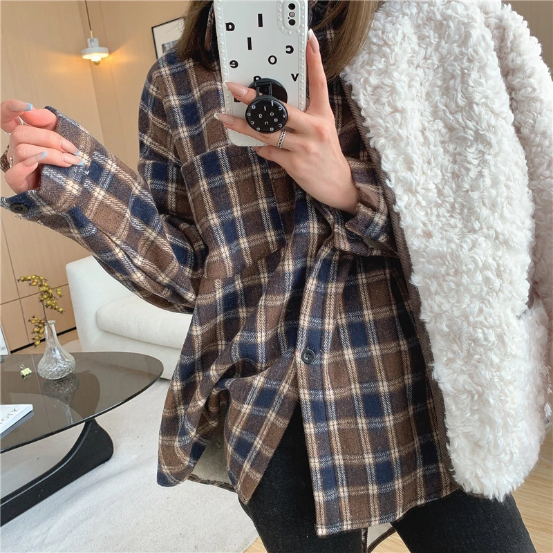 LMQ NEW Winter Women Plus Size Warm Flannel Cotton Blouses Long Sleeve Thick Velvet Plaid Shirt Coats Fashion Outwear Tops