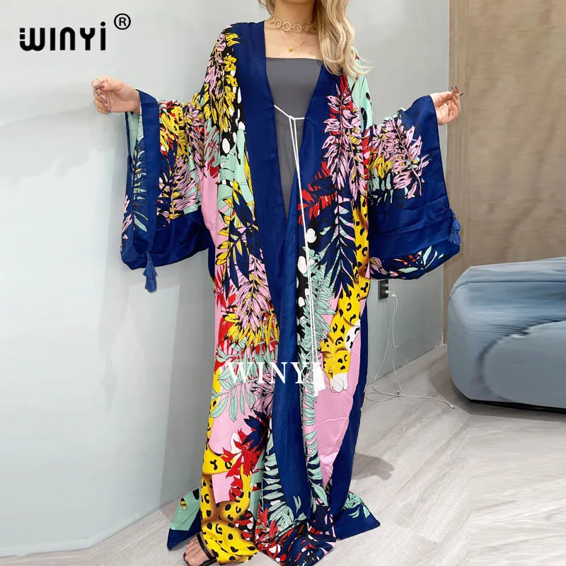 WINYI-Vestido de quimono estampa boho feminino, vestido longo, cinto automático, frente aberta, biquíni de algodão, doce senhora, túnica de praia,