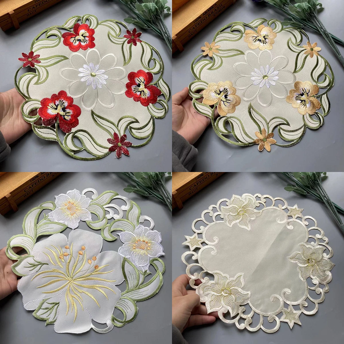 

2 Pcs 29cm Super Flowers Hollow Embroidery Placemat Cup Tea Pan Coaster Kitchen Dining Table Place Mat Lace Wedding Drink Pad