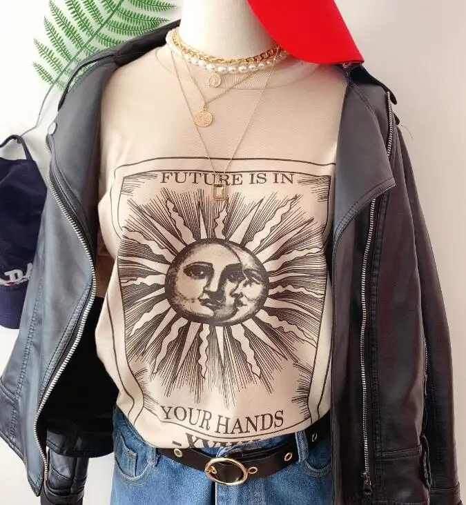 kuakuayu HJN The Future Is In Your Hands Sun And Moon Print Beige T-Shirt Vintage Fashion Grunge Style Tee Aesthetic Shirt