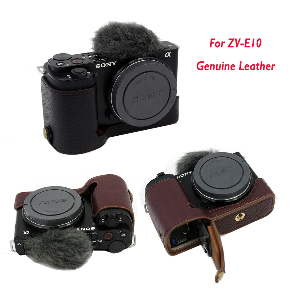 

Portable Camera Bag Handmade real Genuine Leather Camera Case Half Body For SONY ZVE10 ZV-E10 zve10L bottom Protective cover