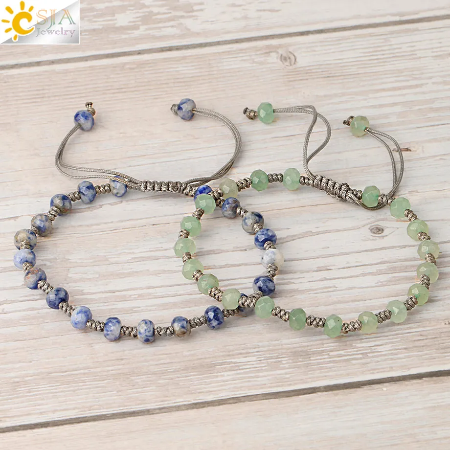 CSJA Natural Stone Braided Bracelets Faceted Round Bead 6mm Crystal Quartz Gray Weaving Rope Women Bracelet Healing Jewelry G453