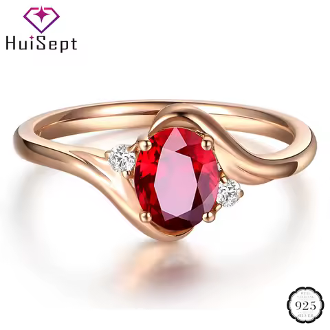HuiSept Elegant 925 Silver Jewelry Ring for Female Oval Shape Ruby Zircon Gemstones Rose Gold Open Rings Wedding Party Ornanmet