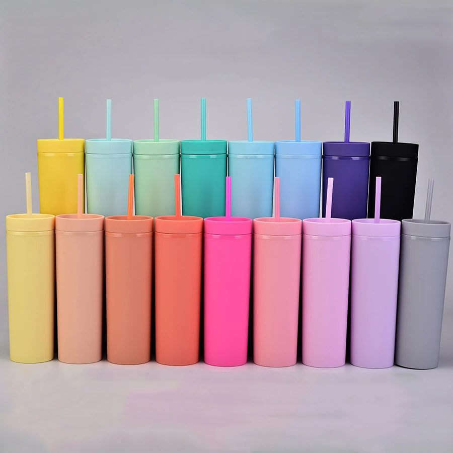 16oz Double wall matte finish skinny plastic Travel Coffee mug tumbler double wall tumbler with straw