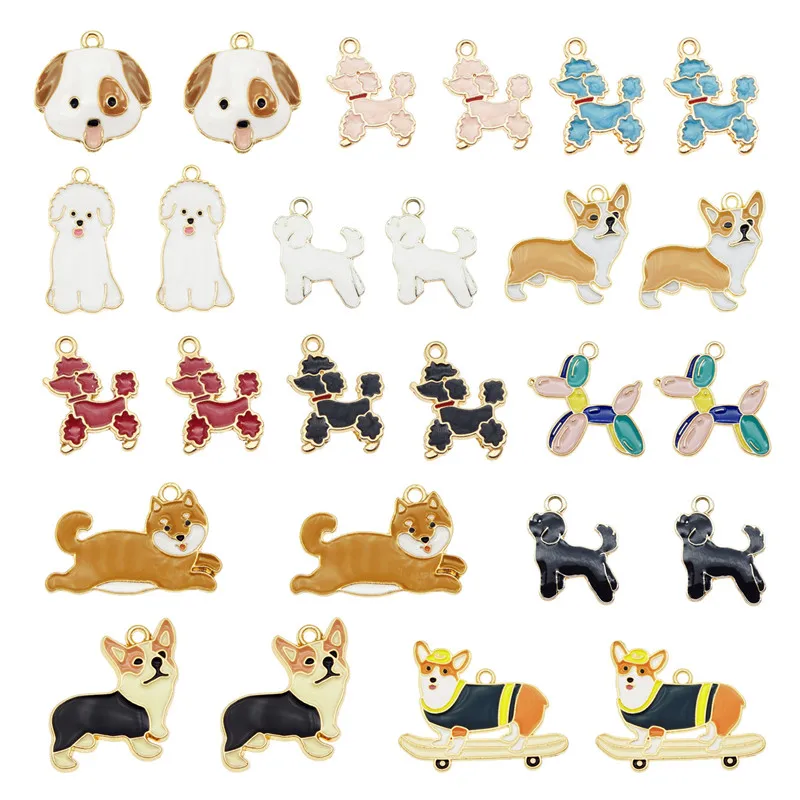 Julie Wang 13PCS Enamel Dog Charms Mixed Corgi Poodle Teddy Shiba Alloy Animal Pendants Jewelry Making Necklace Accessory