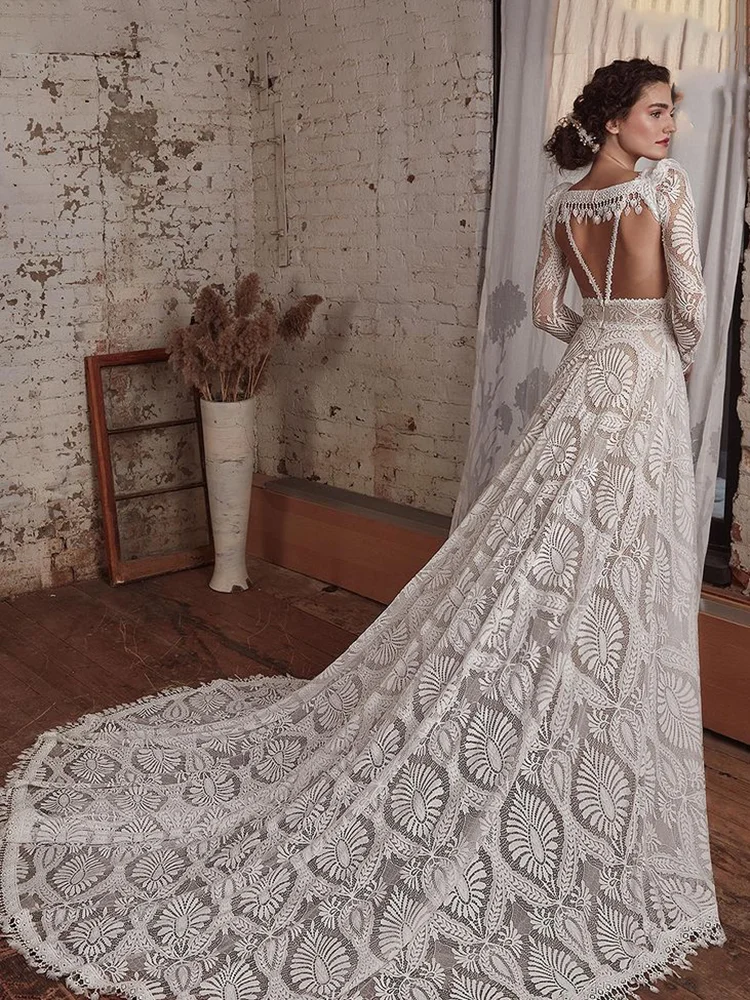 Abito da sposa in pizzo con spalline sottili con manica lunga Bolero Backless su misura scollo A V destinazione una linea abito da sposa romantico