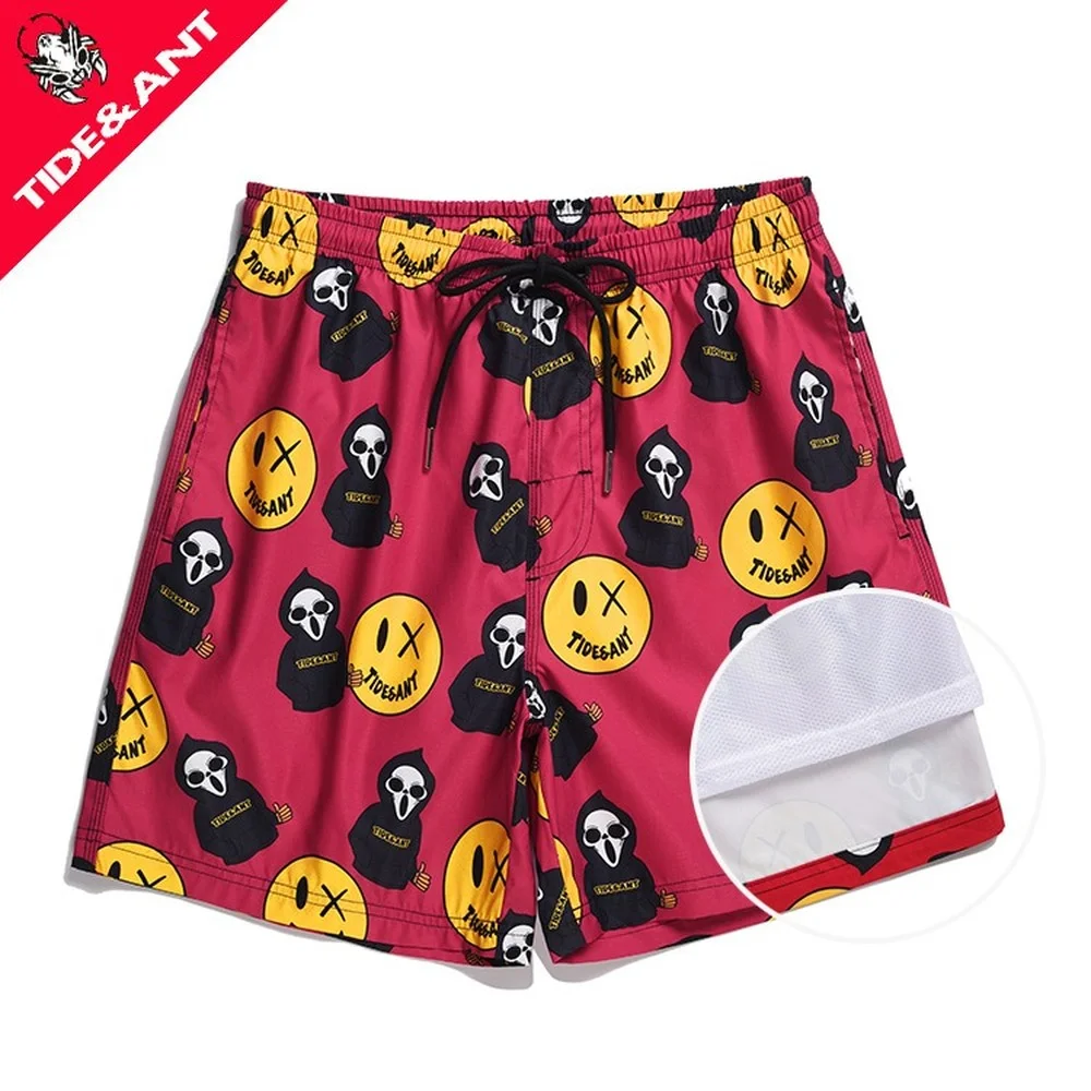 Summer Men's Drawstring Smiley Print Beach Shorts, Swimming Trunks, Surffing Boxer, Bathing Suit, Swimwear