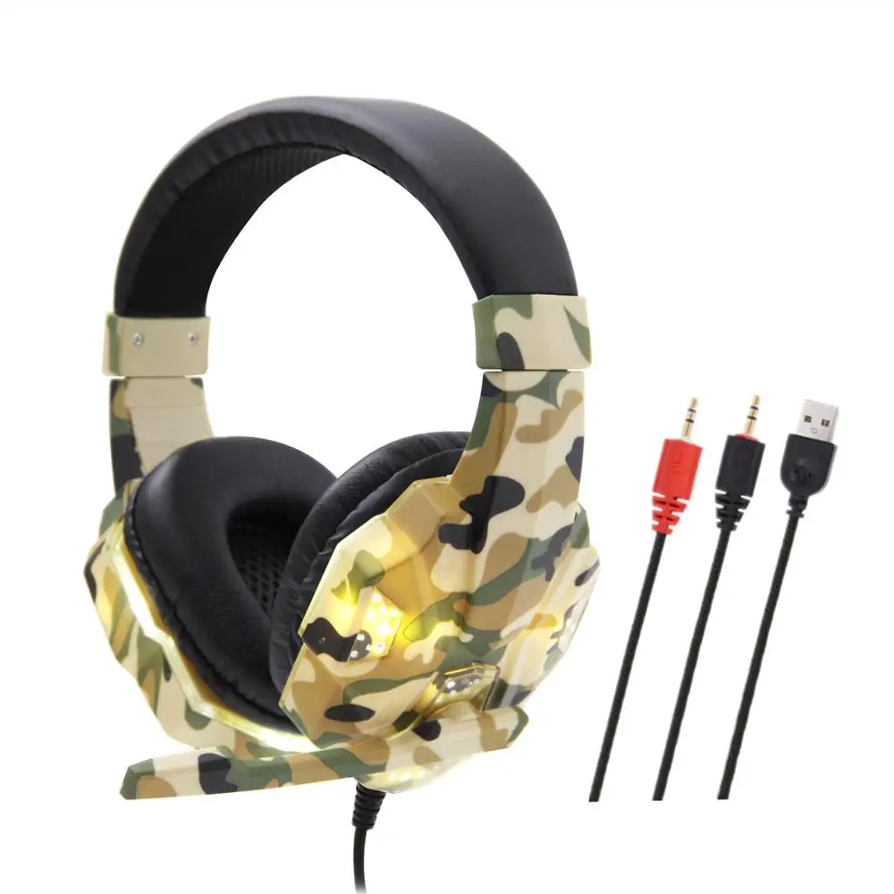 Camouflage Gaming Headset Professional Gamer Headphone Computer Earphones With LED Light MIC For PC /PS4 USB Wire Headset