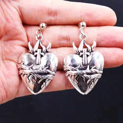 Vintage Silver Plated Catholic Sacred Heart and Holy Grail Charm Metal Stud Earrings DIY Jewelry Crafts Gift For Woman P836