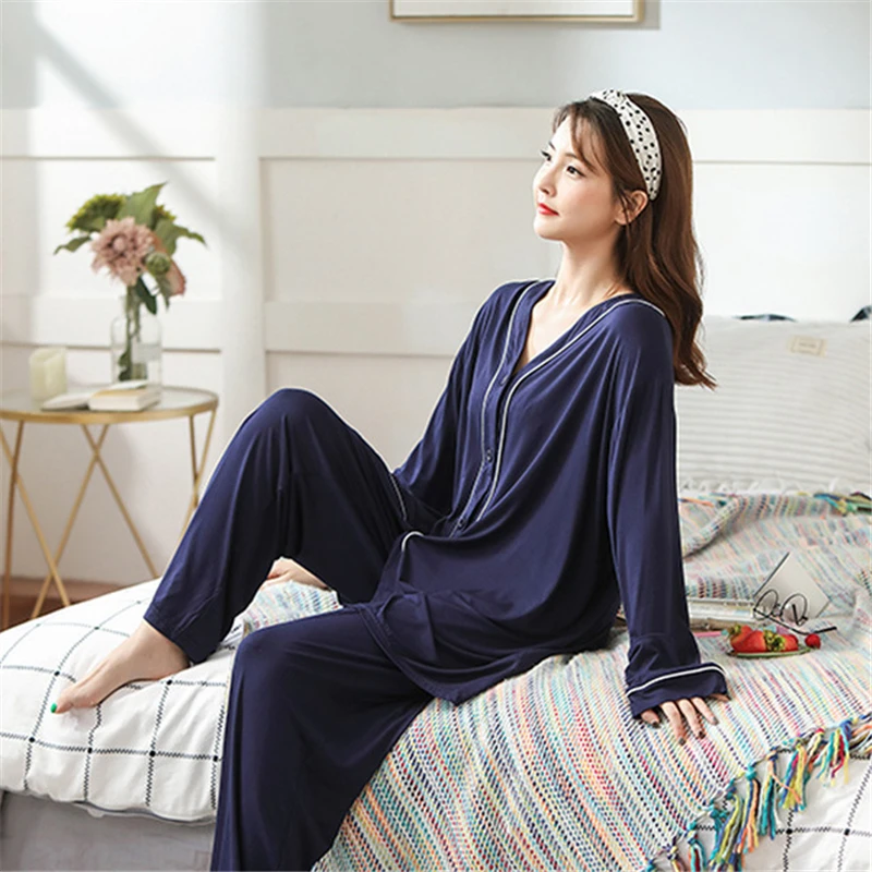 Luxury Brand Modal Autumn Pajamas Female V-neck Suit Skin-friendly Long-sleeve Casual Fat Mm Home Service High Quality 2022