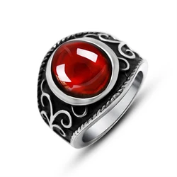 Vintage Stainless Steel Gothic Rings for Men And Women Engraved Flowers With Red Garnet Natural Stone Fine Jewellery