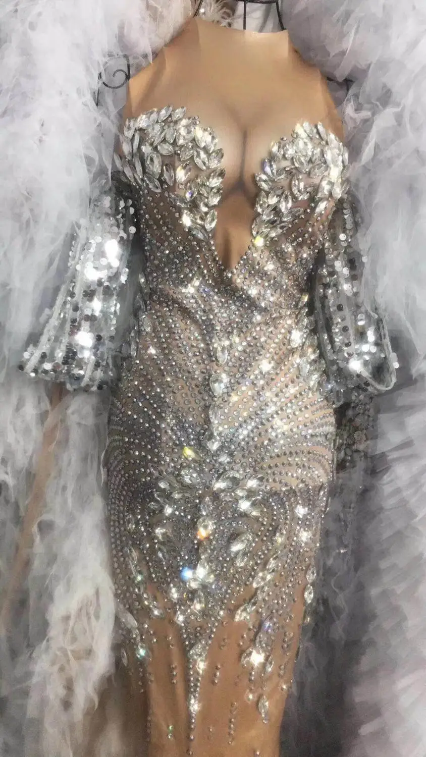 Robe Sexy scintillante à strass argentés, tenue de bal d'anniversaire pour femmes, robe de danseuse pour Bar