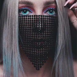 Trendy Mesh Metal Crystal Rhinestone Face Mask for Women, Black and Silver, Vintage Mouth Mask, Popular Jewelry