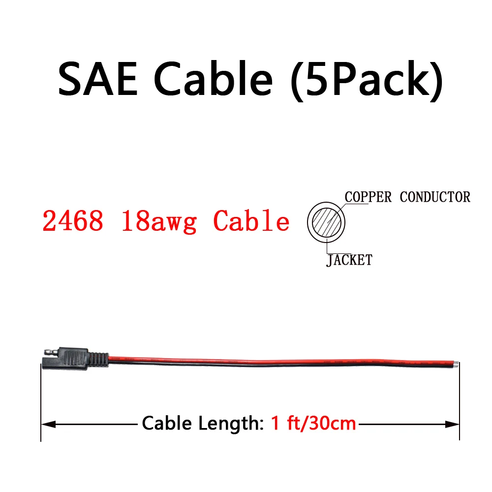 5 PCS SAE Power Automotive Extension Cable 18AWG 30CM 2 Pin with SAE Connector Cable Quick Disconnect Extension Cable