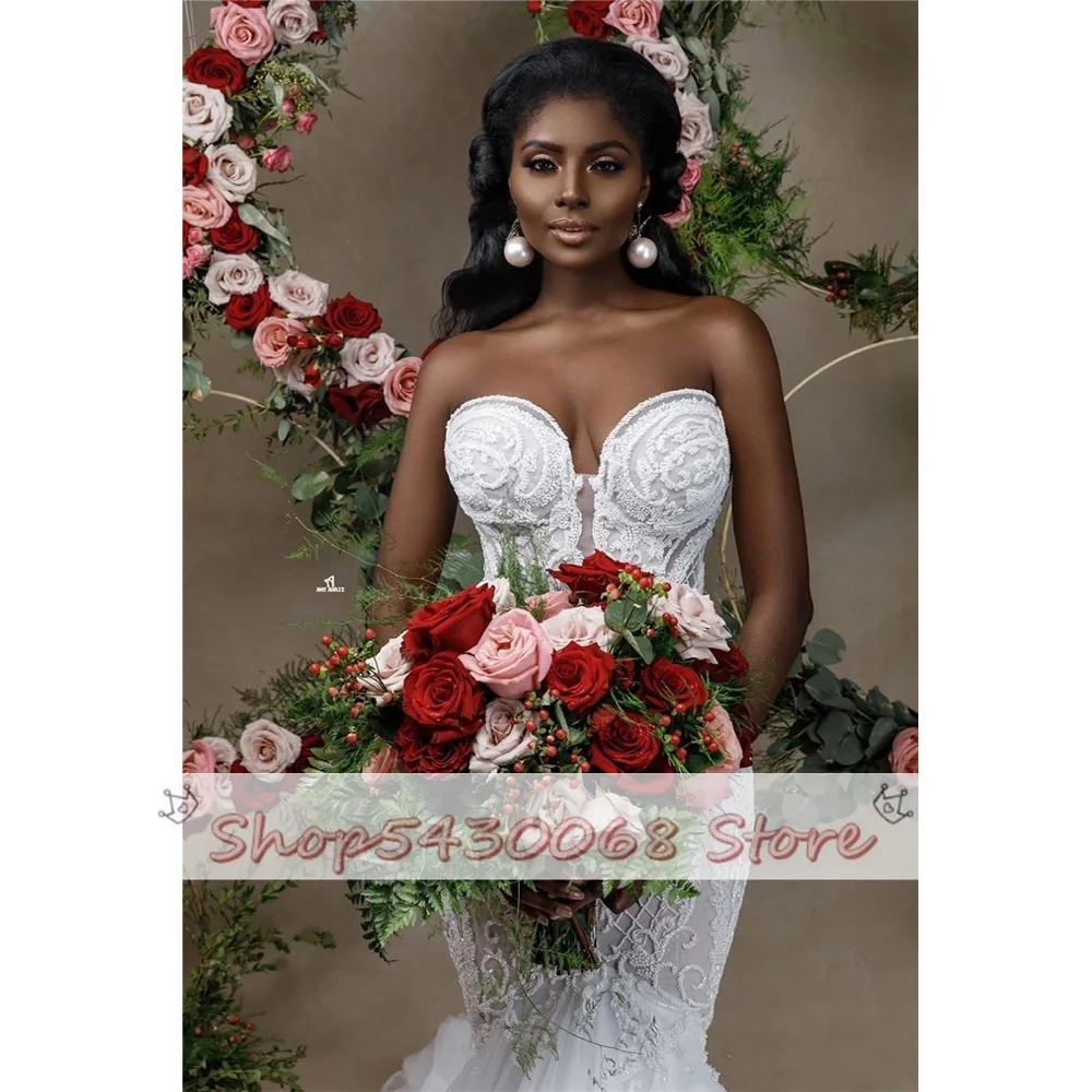 KapokDressy African Sweetheart Mermaid Wedding Dresses 2023 Newest Strapless Lace Beaded Wedding Gowns Applique Bridal Dresses