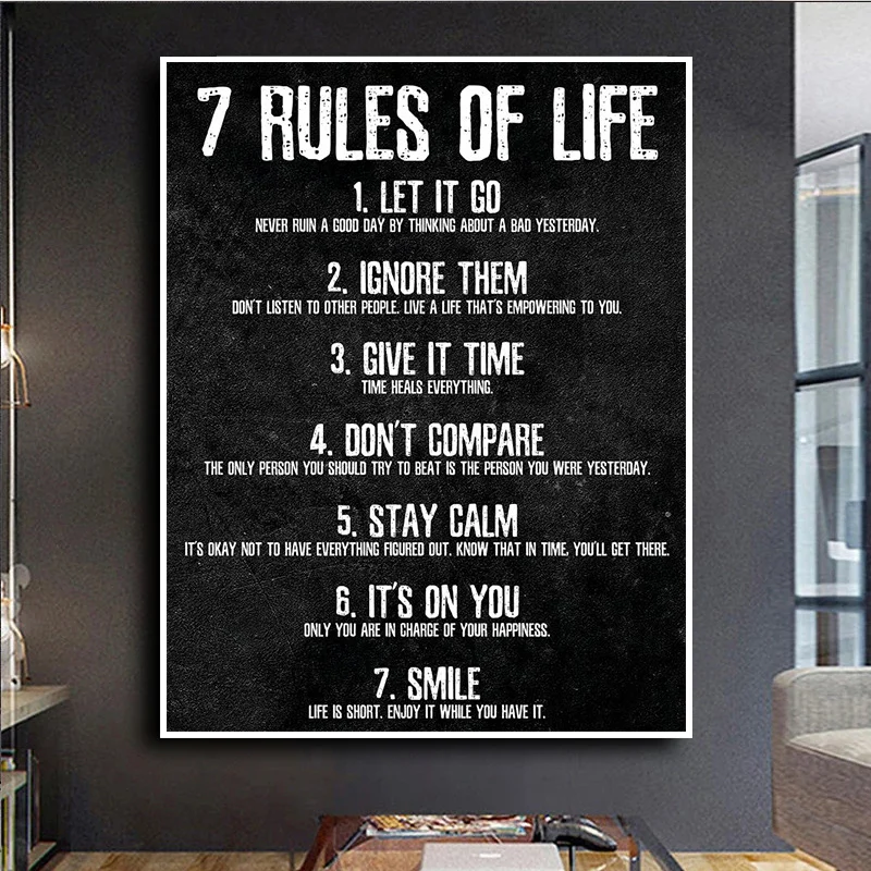 7 Rules of Life Motivational Posters and Prints  Black White Font Canvas Painting Wall Decorative Picture One Piece Home Decor