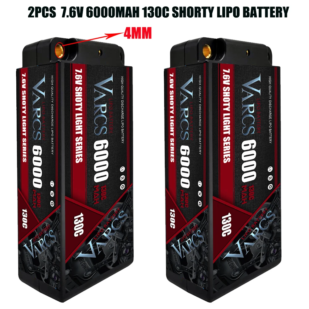 VARCS Lipo Battery 2S 7.6V 6000mah 130C 260C 4mm 5mm Bullet Competition Short for 1/8 1/10 Off-Road Buggy Truck Car